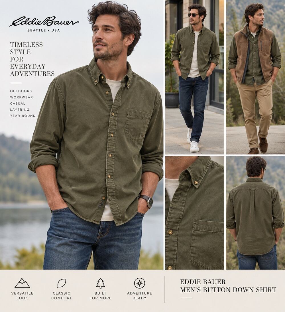 Vintage Eddie Bauer Men’s XXL Olive Green Button Down Shirt Made in Mauritius